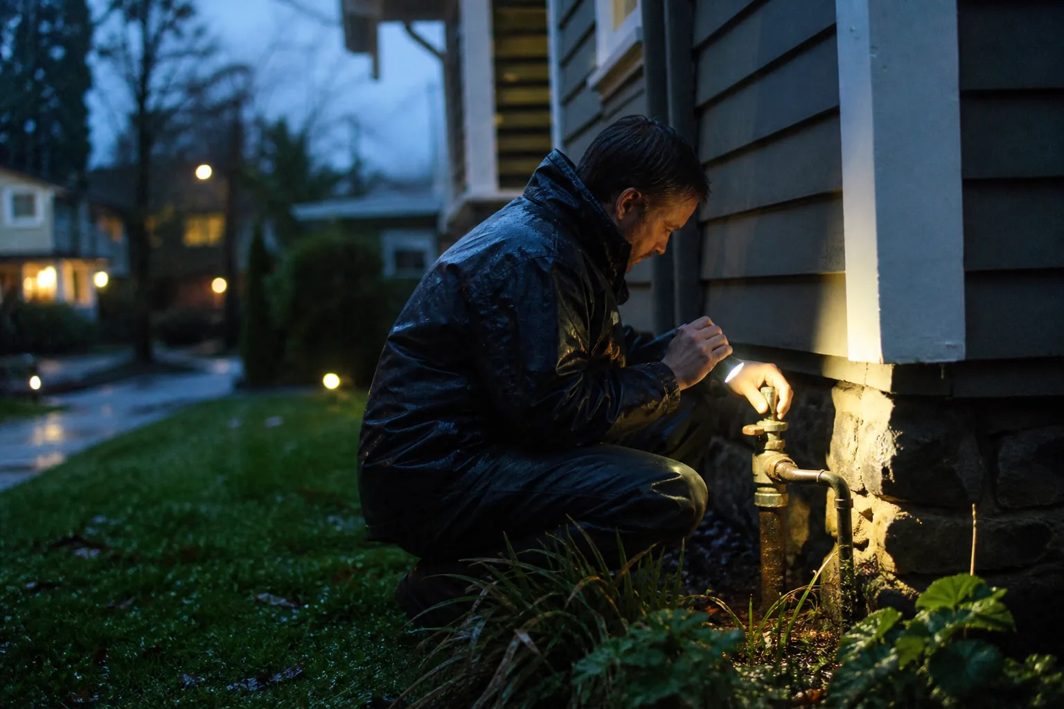 Plumber shutting a main water valve beside a craftsman house at dusk