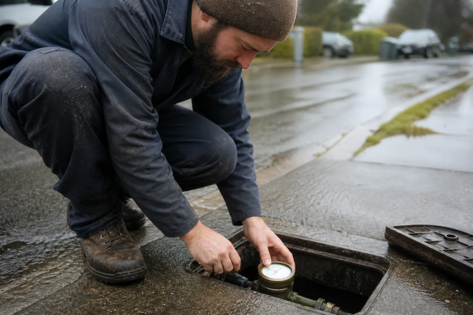 Plumber checking a residential water meter at the curb