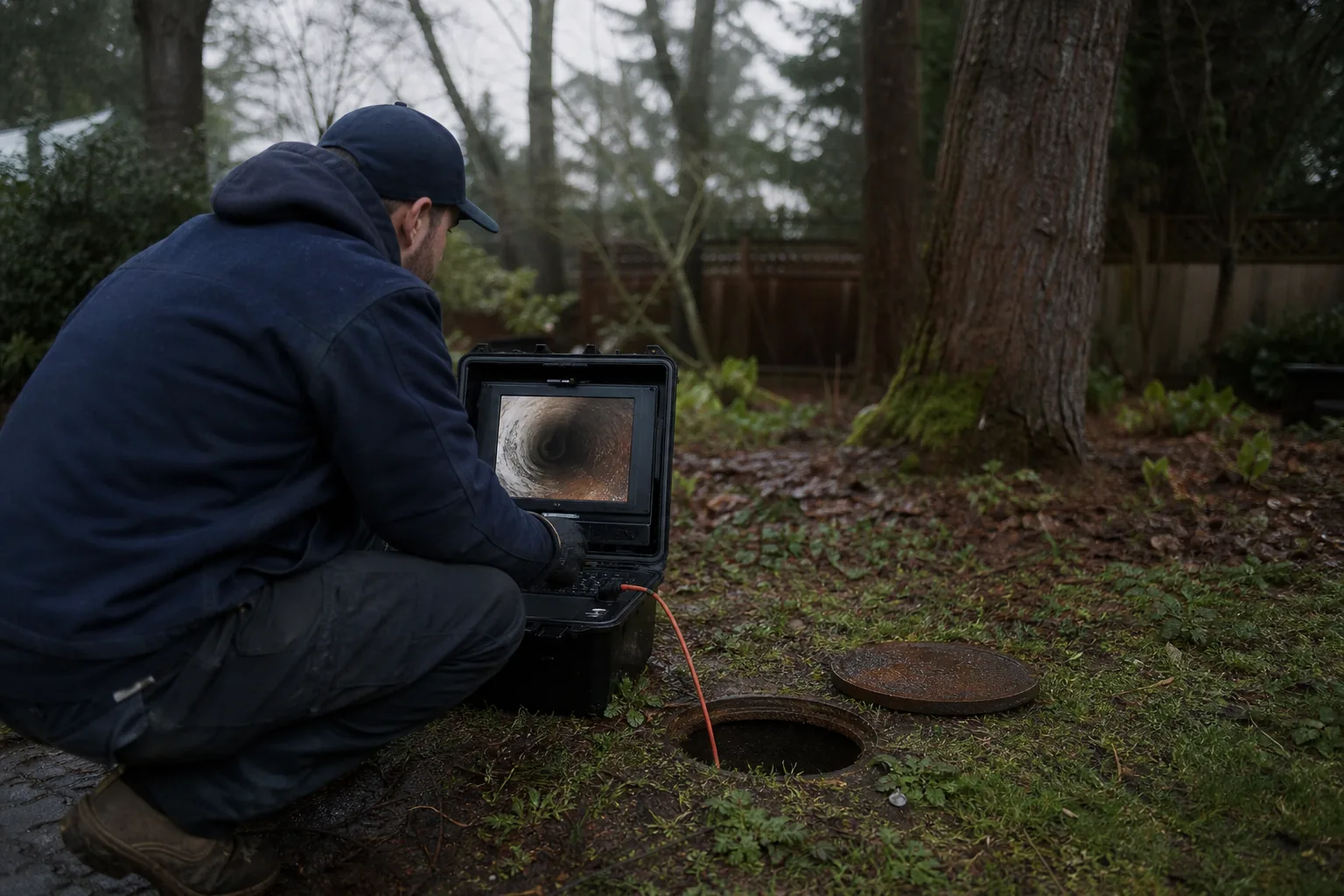 Plumber reviewing sewer camera footage beside a backyard cleanout
