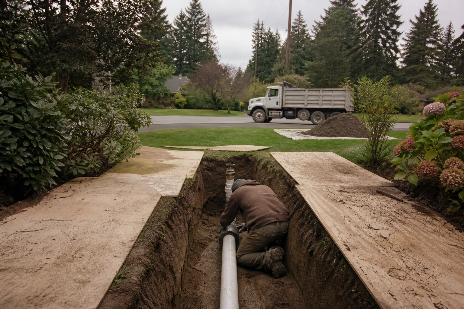 Careful excavation of a residential side sewer in a protected lawn